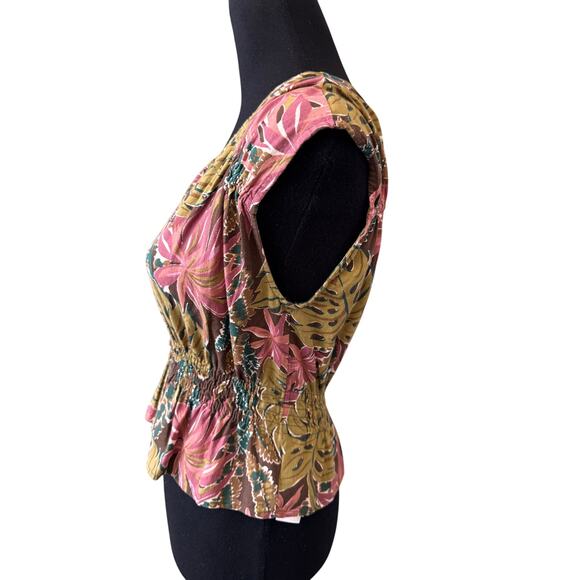 MADEWELL Women's Dark Coffee Shirred Cap-Sleeve Tropical Print Top Size S - Picture 4 of 9